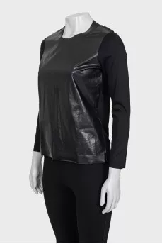 Straight long sleeve top with eco-leather insert