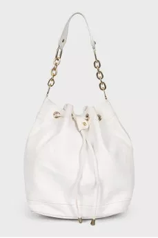 White leather drawstring bucket bag