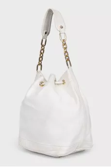 White leather drawstring bucket bag