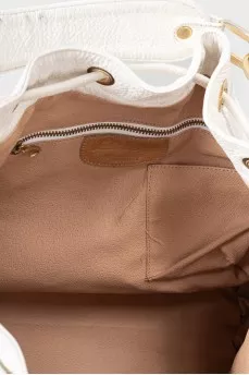 White leather drawstring bucket bag