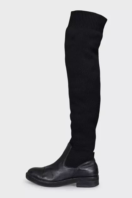 Black leather and fabric over-the-knee boots