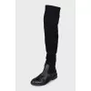 Black leather and fabric over-the-knee boots