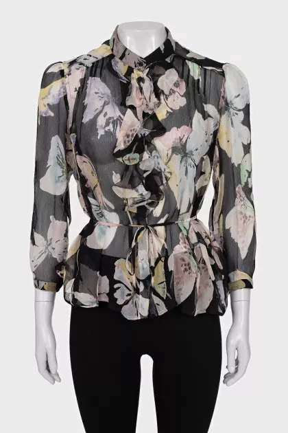Sheer black blouse with floral print
