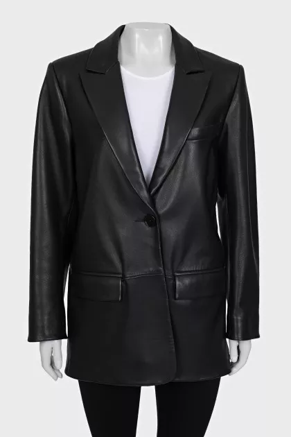 Straight-cut leather jacket with a button