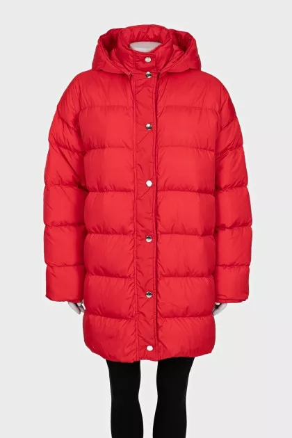 Straight-cut down jacket with a snap-button hood