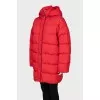 Straight-cut down jacket with a snap-button hood