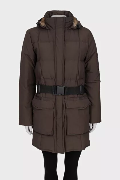 Brown down jacket with a detachable hood