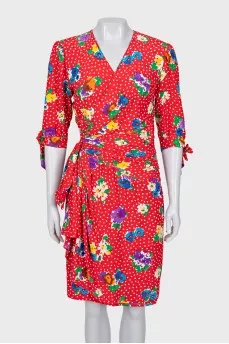 Silk dress with tie sleeves