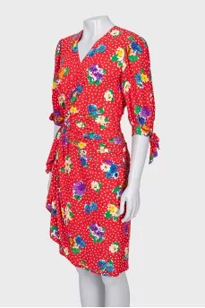 Silk dress with tie sleeves