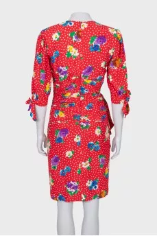 Silk dress with tie sleeves