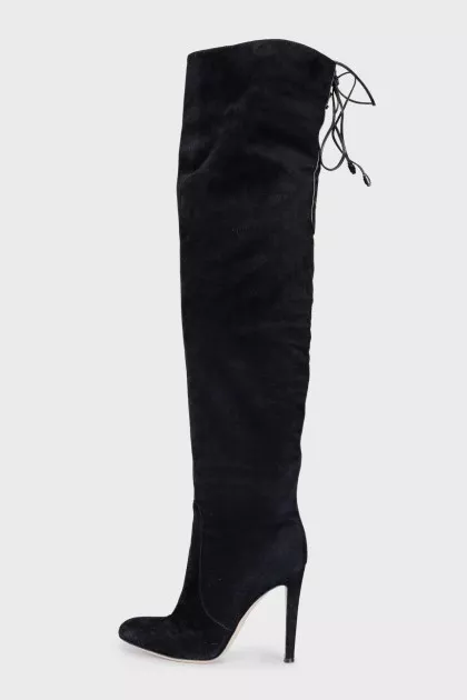 Black suede stiletto heeled over-the-knee boots