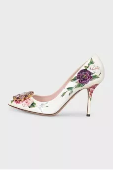 Leather pumps with floral print