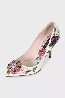 Leather pumps with floral print