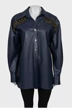 Blue eco-leather shirt with tag