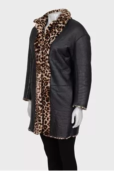 Reversible sheepskin coat with animal print