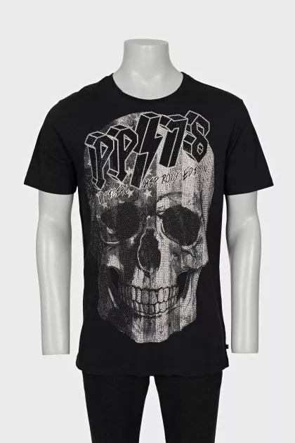 Men's T-shirt with a print decorated with rhinestones