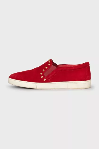 Suede slip-ons with gold decor