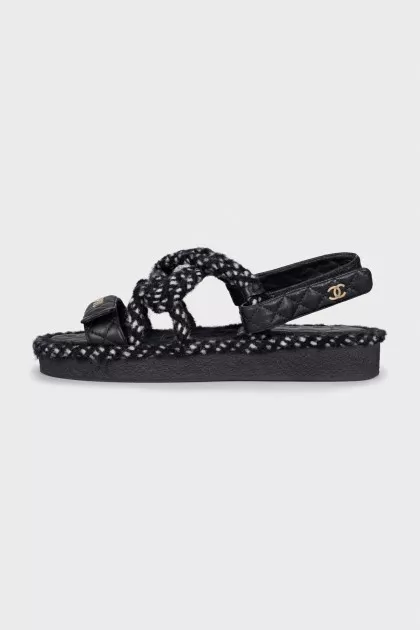 Black and white textile sandals