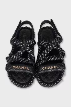 Black and white textile sandals