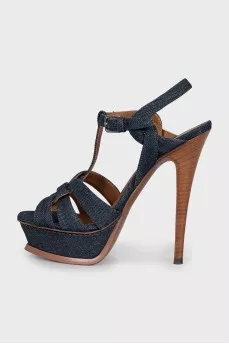 High-heeled denim sandals