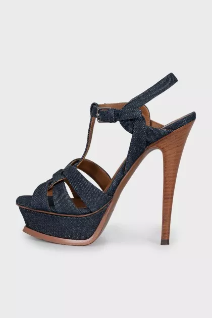 High-heeled denim sandals