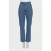 Blue straight-leg jeans with a button