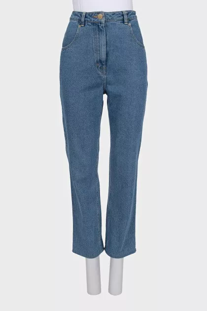 Blue straight-leg jeans with a button