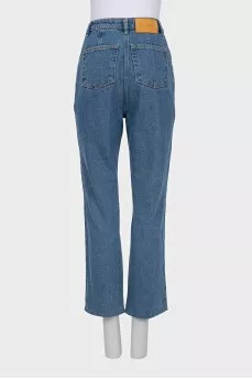 Blue straight-leg jeans with a button