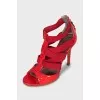 Textile and leather sandals with heels