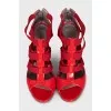 Textile and leather sandals with heels