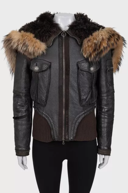 Leather jacket with fur and patch pockets