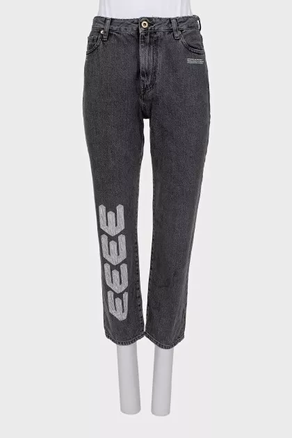 Cropped gray jeans with embroidery