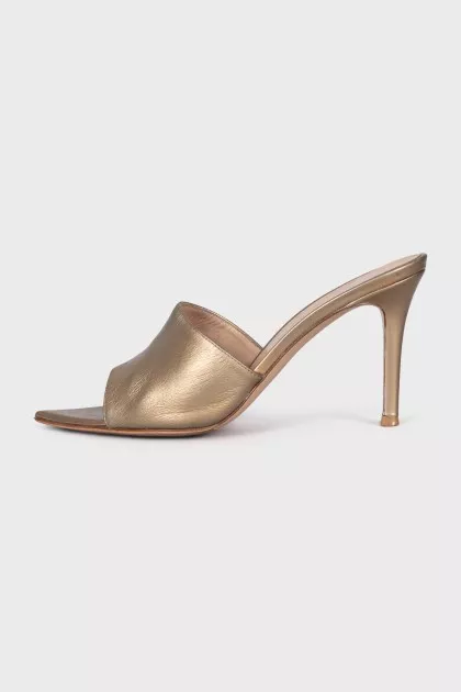 Gold-colored leather mules