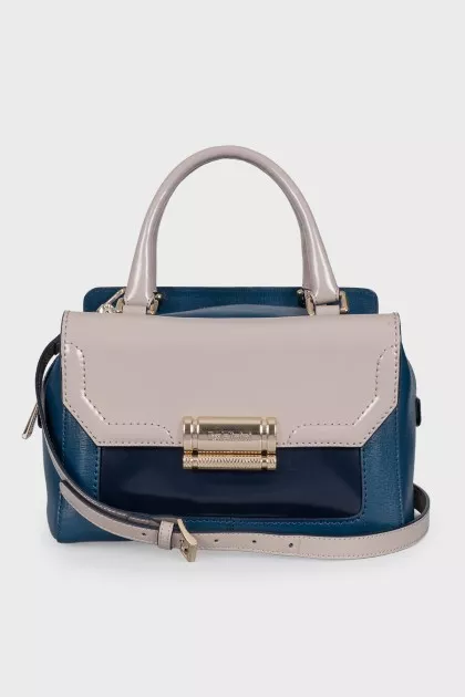 Blue leather bag with patch pocket