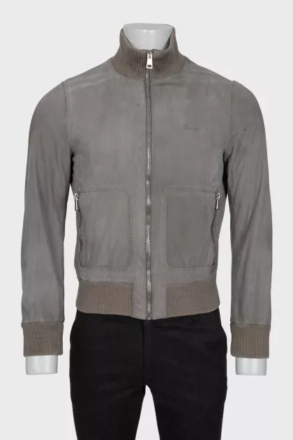 Men's gray leather bomber jacket