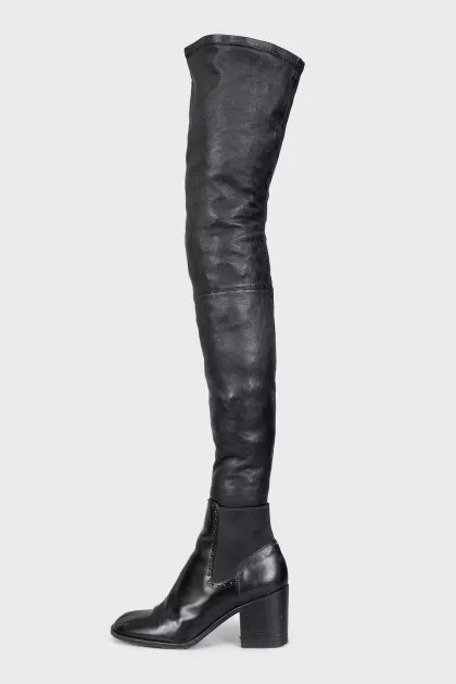 Black leather over-the-knee boots with heels