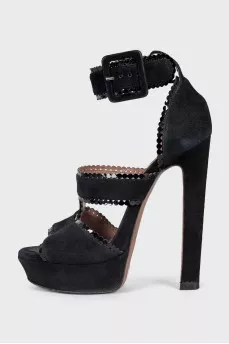 Black suede high heel sandals