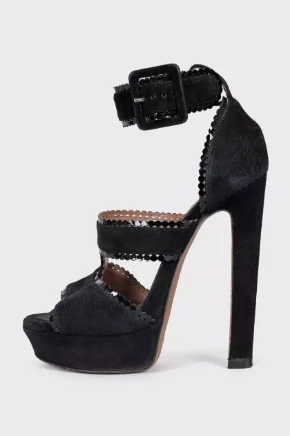 Black suede high heel sandals