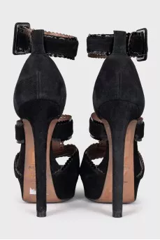 Black suede high heel sandals