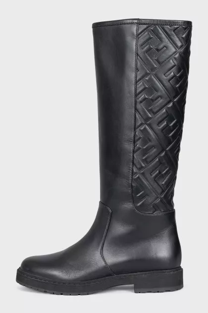 Black leather boots with branded embossing