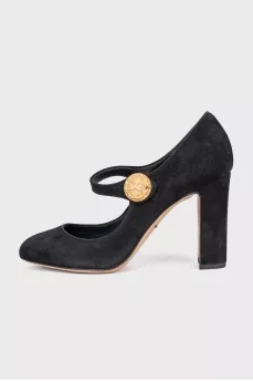 Suede shoes with a gold logo