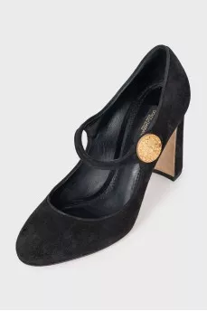 Suede shoes with a gold logo