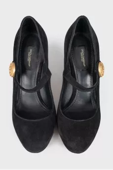 Suede shoes with a gold logo