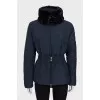 Blue down jacket with a belt