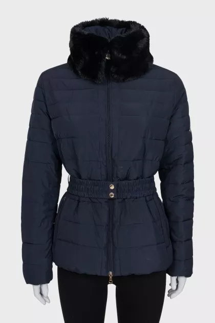 Blue down jacket with a belt