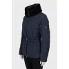 Blue down jacket with a belt