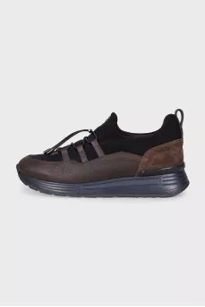 Men's brown sneakers made of textile and leather