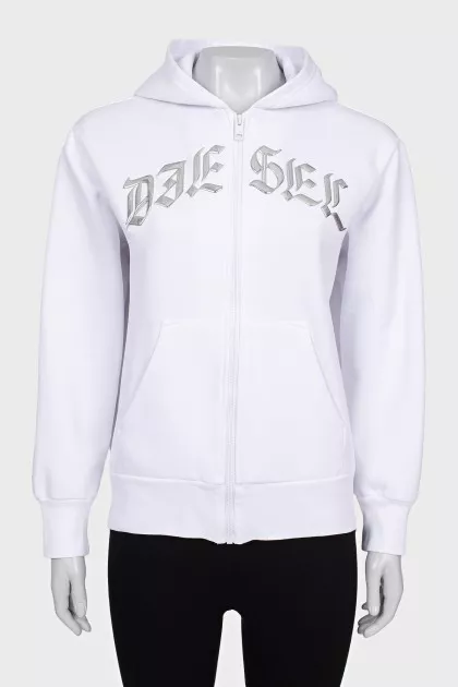 White zip-up hoodie with silver logo