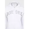 White zip-up hoodie with silver logo