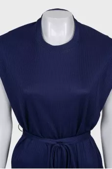 Blue ribbed dress with belt